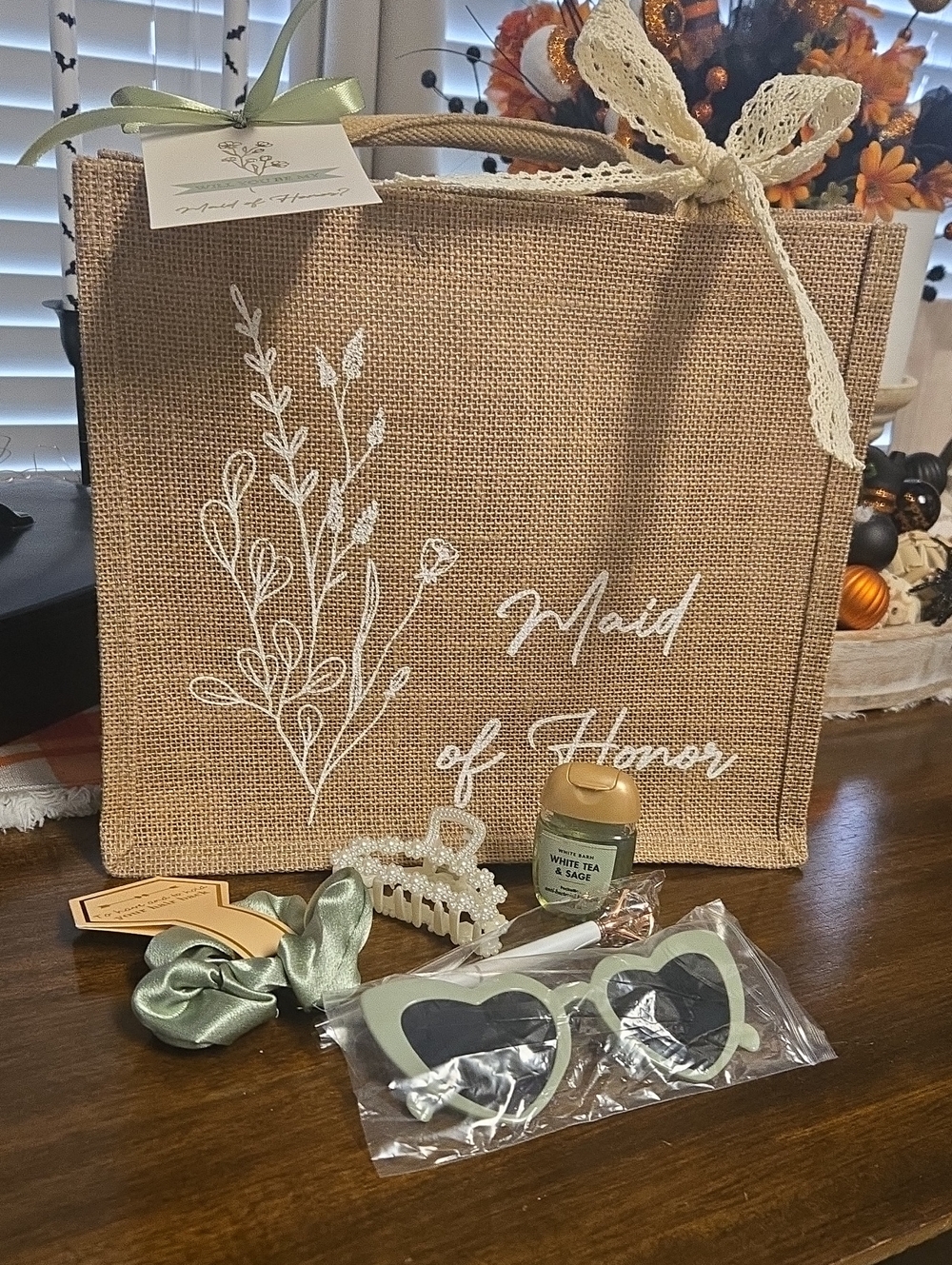 Maid of Honor Burlap Gift Tote with Floral Script